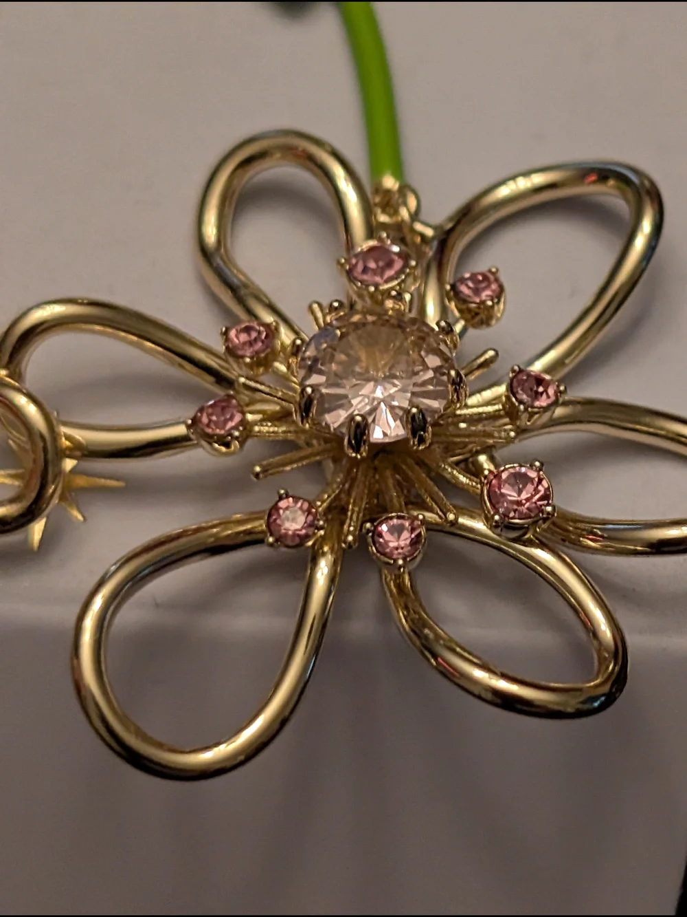 Gold & Lime Green Flower Drop Earrings with Pink Crystals
